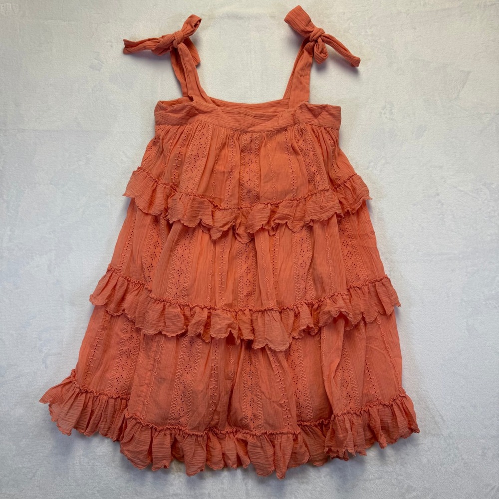 Sezane Coral Pink Tiered Ruffle Eyelet Mini Dress Tie Shoulder Organic Cotton 36